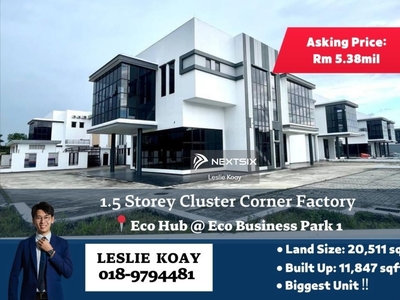 Eco Business Park 1 Biggest Cluster Unit !! Land Size 20,511sqft, Sell with tenancy, Tenancy End of 2025, Biggest Cluster Corner Factory for Sale!!