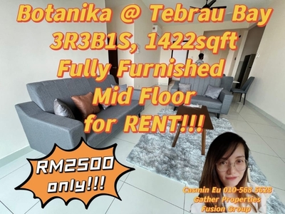 For RENT Botanika at Tebrau Bay, Bayu Puteri -3R3B1Store -1422 sqft corner -Mid floor -2 car park -Fully furnished @RM 2500 only!!
