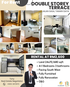 Double Storey Fully Furnished and Renovated 4+1Bedrooms Unit at Jalan Sasa, Taman Gaya for RENT
