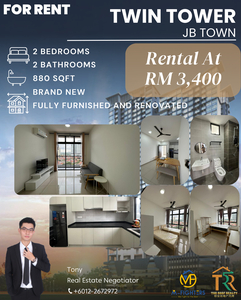 Twin Tower 2Rooms Brand New Ready Move In Fully Furnished and Renovated at JB Town for RENT