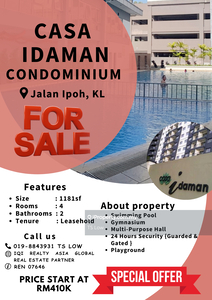 Casa Idaman @ Jalan Ipoh, KL for Sale , Sentul , 100% Loan