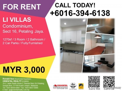 For Rent: Li Villas, Section 16, Petaling Jaya (Furnished)