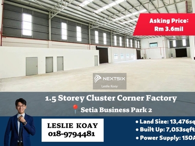 Setia Business Park 2!! Market only 2 corner units for Sale!! Unblock View, Land Size 13,476sqft!! Corner Cluster Factory for Sale!!