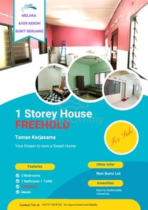 FREEHOLD 1 Storey Terrace house Taman Kerjasama Bukit Beruang for Sale