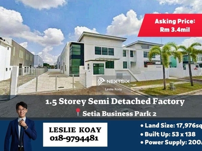 Setia Business Park 2!! Medium Industry Land Size 17,976 sqft, Power Supply 200Amp Semi-D Factory for Sale!!