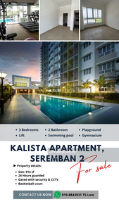 Kalista 1 Apartment, Seremban 2. For Sale, Mampu Milik, Full Loan