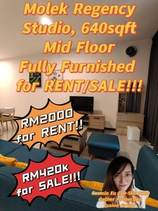 For RENT Molek Regency at Taman Molek -Studio -640 sqft -Mid floor -Swimming pool view -South -Fully furnish @RM 2000 & RM420k For SALE!!