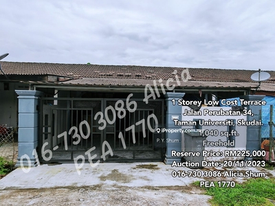 1 Storey Low Cost Terrace House for Auction in Taman Universiti