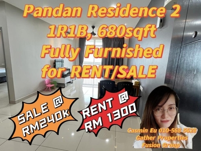 For SALE / RENT ⁉️Full Loan + Cash Out Pandan residence 2 at Pandan -1R1B -680 sqft -Fully furnished -Rent @ Rm1300 -Sale @RM240k!