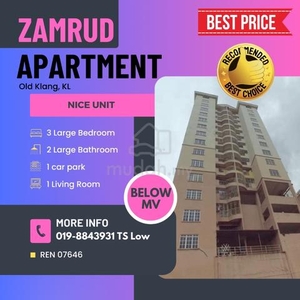 【Below Mv, 100% Loan】Zamrud Apartment @ Old Klang Road for SALE